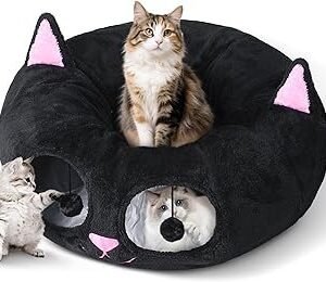 Baseola Cat Tunnel Bed for Indoor Cats, Peekaboo Cat Cave with Washable Soft Play Mat, Furry Cat Tube, for Kitten/Puppy/Rabbit, Kitten Series Black Pink
