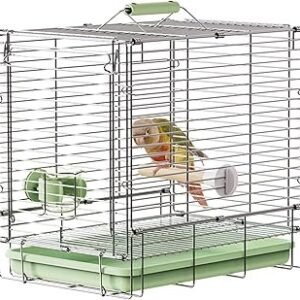 Bird Carrier Travel Cage - 304 Stainless Steel Portable Folding Bird Travel Cage with Parrot Feeder Cups & Standing Perch for Smaller Birds Conures Lovebird Cockatiel Parakeets (Green)