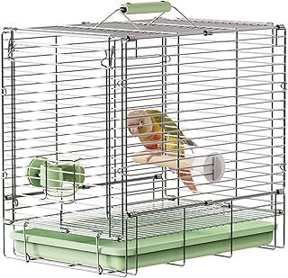 Bird Carrier Travel Cage - 304 Stainless Steel Portable Folding Bird Travel Cage with Parrot Feeder Cups & Standing Perch for Smaller Birds Conures Lovebird Cockatiel Parakeets (Green)