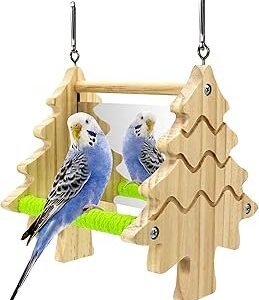 Bird Mirror Toy Perch, 2-Sided Hd Parakeet Mirrors & 2 Cotton-Wrapped Perches for Multiple Birds, Wooden Frame Hanging Parrot Swing for Cage, Safe No Sharp Edges Bird Toy for Budgie Lovebird Cockatiel