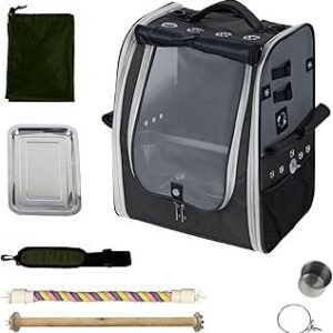 Birds Day Bird Carrier Backpack-Parrot Travel Cage with 2PCS Perch and Food Bowl, Stainless Steel Tray (Charcoal Gray)