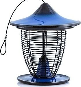 BYER OF MAINE Alcyon Pagoda Bird Feeder, for Outside Wild Cardinals, Finches and Other Birds, Hanging Decoration for Outdoor Gardens, Patios and Yards, Stoneware and Wire, 9"x9"x10" (Cobalt Blue)