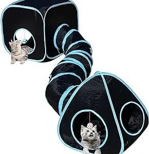 Cat Tunnels for Indoor Cats with Cube Tent Toys Combo, Pop Up Collapsible Crinkle Interactive Peek Hole, Cat Tube with Play Ball and Bell for Kitten, Puppy, Kitty, Rabbit - Set of 3