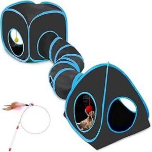 Cat Tunnels for Indoor Cats with Tent Cube and Feather Toy Collapsible Combo, Pop Up Cat Play Tunnel with Interactive Cat Toy Ball for Kitten, Ferret, Puppy, Guinea Pig, Rabbit, Bunny, Blue