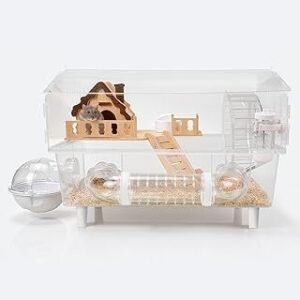 Clear Acrylic Hamster Cage, Dwarf Hamster Cage, Mouse Cage, Gerbil Cage - All-in-One Hamster Habitat with 18cm Silent Wheel, Tubes & Full Kit, 17.7×11.8×13" for Dwarf Hamsters, Mice, Gerbils