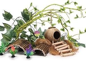 Crested Gecko Tank Accessories，Reptile Vines Plants with Coconut Shell Ladder Hideout Hermit Crab Decor for Bearded Dragon Lizard Chameleon Tortoise Snake