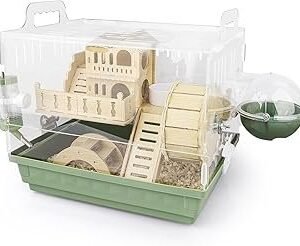 Cycodo 8 in 1 Acrylic Hamster Cage,2-Tier Dwarf Hamster Cage with Wooden Wheel & Hideout,Small Hamster Habitat with Accessories,Clear Pet Mice House(Green,14" L*10" W*11" H)