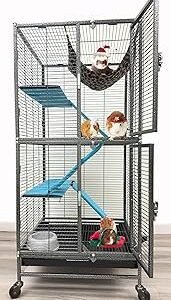 Deluxe Double Unit Two Full Story Durable Front Doors Tight 1/2-inch Wire Spacing Chew-Free Small Animal Critter Home Cage Water Bottle Food Bowl for Feisty Ferret Hammock Rat Mice On Wheels