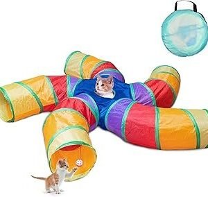 Depets Cat Tunnel for Indoor Cats, 5 Way Large Cat Play Tunnel & Tube with Play Ball, S-Shaped Folded Pet Tube with Interactive Peephole, Ideal for Indoor Exercise for Kittens Puppies Rabbits