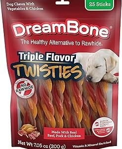 Dreambone Triple Flavor Twisties, 25 Count, Rawhide-Free Dog Chews Made with Real Beef, Pork & Chicken, 7.05 Ounce (Pack of 1)