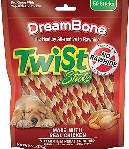 DreamBone Twist Sticks Chews for Dogs, 50 Count, Treat Your Dog to Easy-to-Digest Rawhide-Free Chews Made with Real Vegetables and Chicken