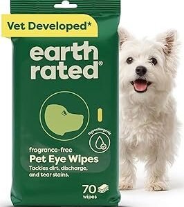 Earth Rated Vet-Developed Dog Eye Wipes, Hypoallergenic Pet Wipes for Dogs & Cats to Remove Dirt & Discharge, Fragrance Free, 70 Count