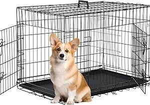 FDW 30 inch Dog Crate Dog Kennel Cage with Double Door Folding Metal Wire Dog Cage with Removable Tray&Divider Panel,Pet Crate for Medium Dogs,Black