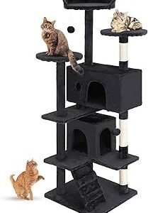 FDW | 54" Cat Tree Tower | Dark Gray | Multi-Level Indoor Activity Center with Sisal Scratching Posts, Condos, Plush Perches, Hanging Cat Toys | Sturdy, Easy to Assemble | for Kittens & Adult Cats