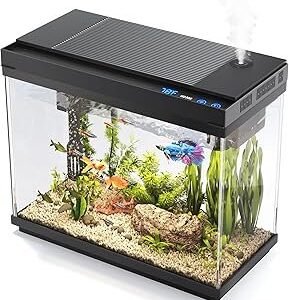Fish Tank, 2.4 Gallon Fish Aquarium, Fish Tank Starter kit with Smart Humidifier, Temperature Display, 7-Color Lighting, 3 in 1 Quiet Pump with Filteration & Oxygenation & Circulation