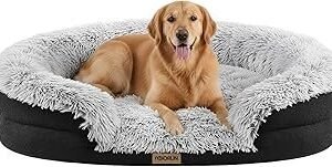 Fluffy Orthopedic Dog Bed for Large & Extra Large Dogs, Calming Plush Sofa Bed with Curved Bolster Support and Egg-Crate Foam Base, 43" Cozy Oval Pet Donut Bed with Washable Cover, Gray