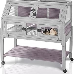 Guinea Pig Cages with Wheels, Large Hamster Cage with Anti-Chewing Ramp and Hideouts, Zinc Cool Plate, Plastic Floor, Deeper Leakproof Tray, Small Animal Cage for Indoor and Outdoor (Light Grey)