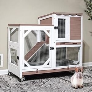Gutinneen 2-Story Rabbit Hutch with Chew-Proof Ramp & Leak-Proof Trays - Indoor/Outdoor 39.3" Wooden Rabbit Cage with Wheels for Rabbits, Guinea Pigs