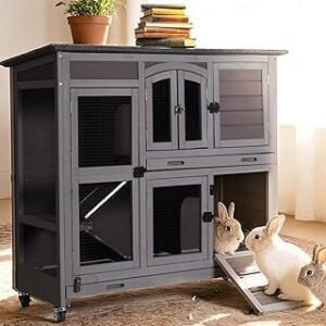 GUTINNEEN Rabbit Hutch Mobile Bunny Cage with Large Wheels, Chewproof Ramp, Leak Proof Trays – Ideal Cage for Rabbits, Guinea Pigs, Indoor/Outdoor Use, 44" L x 20" W x 41.5" H