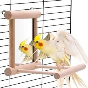 Hamiledyi Bird Mirror Parakeet Mirror Perch Stand Wooden Swing Mirror Toy Cage Accessories for Parrots Budgies Parakeets Cockatiels Lovebirds Finches