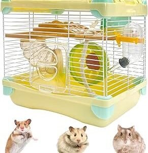 Hamiledyi Portable Hamster Cage 2 Layers Dwarf Hamster Habitat 10.90”L*8.07”W*9.84”H Small Animal Travel Cage with Exercise Wheel Hamster Enclosure Mouse Cage for Hamsters Mice Gerbils Tiny Pets