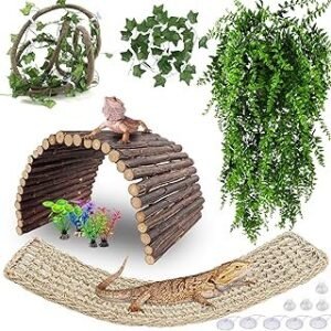 HERCOCCI Bearded Dragon Tank Accessories, Large Reptile Bridge Hammock Flexible - Jungle Climbing Vines and Leaves with Suction Cups Habitat Décor for Hiding& Climbing Snake Gecko Lizard Chameleon