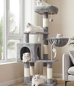 Heybly Cat Tree with Toy, Cat Tower Condo for Indoor Cats, Cat House with Padded Plush Perch, Cozy Hammock and Sisal Scratching Posts, Light Gray HCT004SW