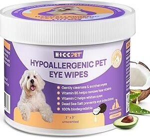 HICC PET Eyes Wipes for Dogs & Cats, Vet-Recommended Dog Eye Infection Treatment, Gently Remove Tear Stain, Debris, Discharge - Hypoallergenic Pet Eye Wash Cleaner for Eyes, Wrinkle, Face - 100pcs