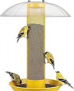 Kingsyard Finch Bird Feeder for Outdoors Hanging, Metal Mesh Tube Bird Feeders for Thistle & Nyjer Seed, Large Removable Tray & Rainproof Dome, 2.5 lbs Seed Capacity, Yellow