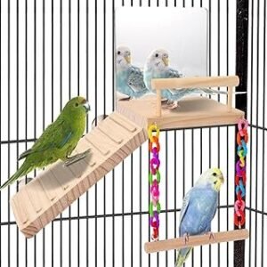 KyoukiBird Perch Platform Bird Toys with Bird Mirror Climbing Ladder Swing, Parakeet Cage Accessories - for Cockatiels, Lovebirds, Budgies,Pacific Parrotlets,Finch,Canaries - Wooden Play Gym