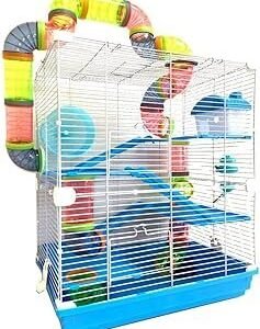 Large 5-Floors Blue Hamster Mansion Habitat Home House Cage Paw Safe Solid Platform with Hide House Running Excerise Wheel Food Bowl Water Bottle Deep Base