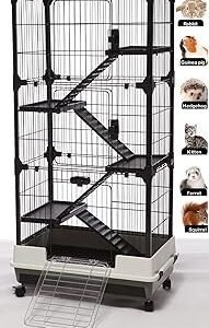 Large 5-Tiers Deluxe in/Outdoor Chinchilla Ferret Squirrel Hedgehog Kitten Rabbit Bunny Hutch House Critter Habitat Mesh Floor Easy Clean 2-Inch Deep Pull Out Tray with Rolling Casters