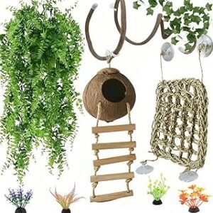 Leopard Gecko Tank Accessories. Reptile Hammock Vines Plants with Coconut Shell Ladder Hideout Hermit Crab Decor for Bearded Dragon Lizard Chameleon Crested Gecko Tortoise Snake