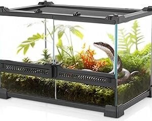Mini Reptile Glass Terrarium 12"x8"x8" with Heat Resistant Aluminum Alloy Frame, Double Swinging Doors for no Jam by Sand and Other Debris
