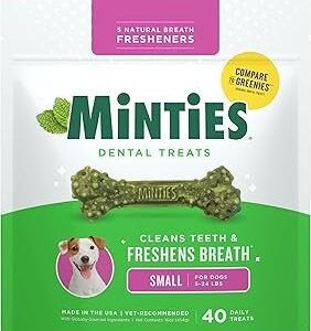 Minties Dog Dental Bone Treats, Tiny/Small Dental Dog Treats, 16 Ounces, Cleans Teeth, Fight Bad Breath, Removes Plaque and Tartar, 40 Count