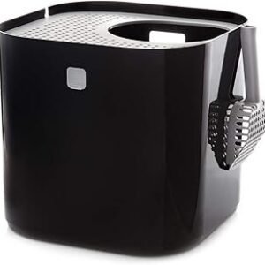 Modkat Top-Entry Litter Box - Reduces Litter Tracking, Swivel Lid for Easy Cleaning, Leak-Proof, Dog Proof - Includes Scoop & Reusable Liner Black