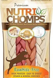 NutriChomps Dog Chews, 6-inch Braids, Easy to Digest, Rawhide-Free Dog Treats, Healthy, Real Chicken, Peanut Butter and Milk flavors, Pack of 4