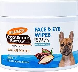 Palmer’s for Pets Face and Eye Dog Wipes with Cocoa Butter, Gentle Tear Stain and Facial Cleaning Wipes for Sensitive Areas and Daily Grooming Care, Unscented, 100 Count