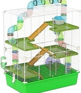 PawHut Extra Large 23" Hamster Cage with Tubes and Tunnels, Portable Carry Handles, Rat House and Habitats Big 5-Tier Design, Mouse Cage Includes Exercise Wheel, Water Bottle, Food Dish, Green