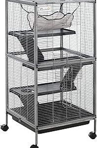 PawHut Metal Small Animal Cage, 4-Tiers Rolling Big Ferret Cage with Hammock, Removable Tray, for Chinchilla, Sugar Glider, Gray