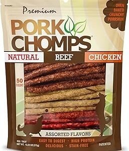 Pork Chomps Dog Chews, 5 Inch Munchy Sticks, 50 Count - Assorted Flavors: Roasted Pork, Chicken, & Bacon - Long-Lasting Treats for Dogs - High Protein, Low Fat, Healthy & Delicious Chews (1 Pack)