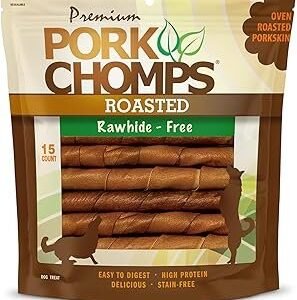 Pork Chomps Roasted Pork Skin Dog Chews, 6 Inch Twists, 15 Count - Long-Lasting Treats for Dogs - High Protein, Rawhide-Free, Low Fat, Healthy & Delicious Chews