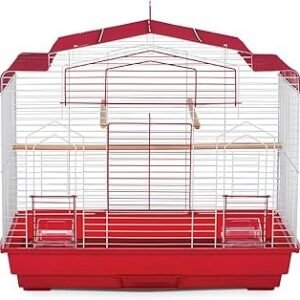 Prevue Pet Products Barn Style Bird Cage - Stand Alone Metal Bird Cage with Removable Tray, Wood Perches & Feeder Cups, Indoor Enclosure for Parakeets, Cockatiels, Finches & Small Birds - Red