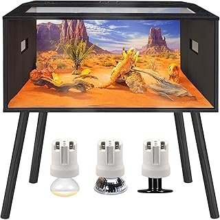 Prolee 63 Gallon Reptile Tank, Tempered Glass Bearded Dragon Tank with Wooden Roof and Lockable Doors, Large Lizard Habitat with Built-in Lamp Fixture for Snakes, Iguanas, Chameleons (Black)