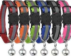 Reflective Cat Collar with Bell, Set of 6, Solid & Safe Collars for Cats, Nylon, Mixed Colors, Pet Collar, Breakaway Cat Collar Charms