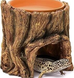 Reptile Hide Cave Resin, 2 in 1 Reptile Hideout Cave and Food Tray, Reptile Shelter with Detachable Food Bowl, Leopard Gecko Keeper Habitat Help Shedding for Amphibian, Snake, Lizard, Turtle