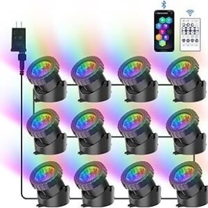 RGB Underwater Pond Lights, Super Bright LED Submersible Fountain Lights Colored Landscape Spotlights, Bluetooth APP Control IP68 Waterproof for Fish Aquarium Tank Garden Yard Pool (Set of 12)