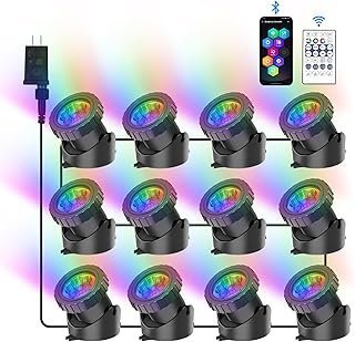 RGB Underwater Pond Lights, Super Bright LED Submersible Fountain Lights Colored Landscape Spotlights, Bluetooth APP Control IP68 Waterproof for Fish Aquarium Tank Garden Yard Pool (Set of 12)