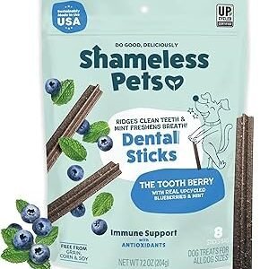 Shameless Pets Blueberry & Mint Dental Chews for Dogs, 8 Chews - Natural Dog Teeth Cleaning Treats with Fresh Breath Benefits | Grain-Free Dental Sticks for Small, Medium & Large Dogs