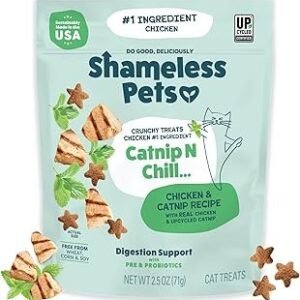 Shameless Pets Crunchy Cat Snacks & Treats – Healthy Cat Treats for Indoor Cats & Kittens with Catnip, Real Chicken & Digestive Support, Catnip N Chill (2.5 oz)